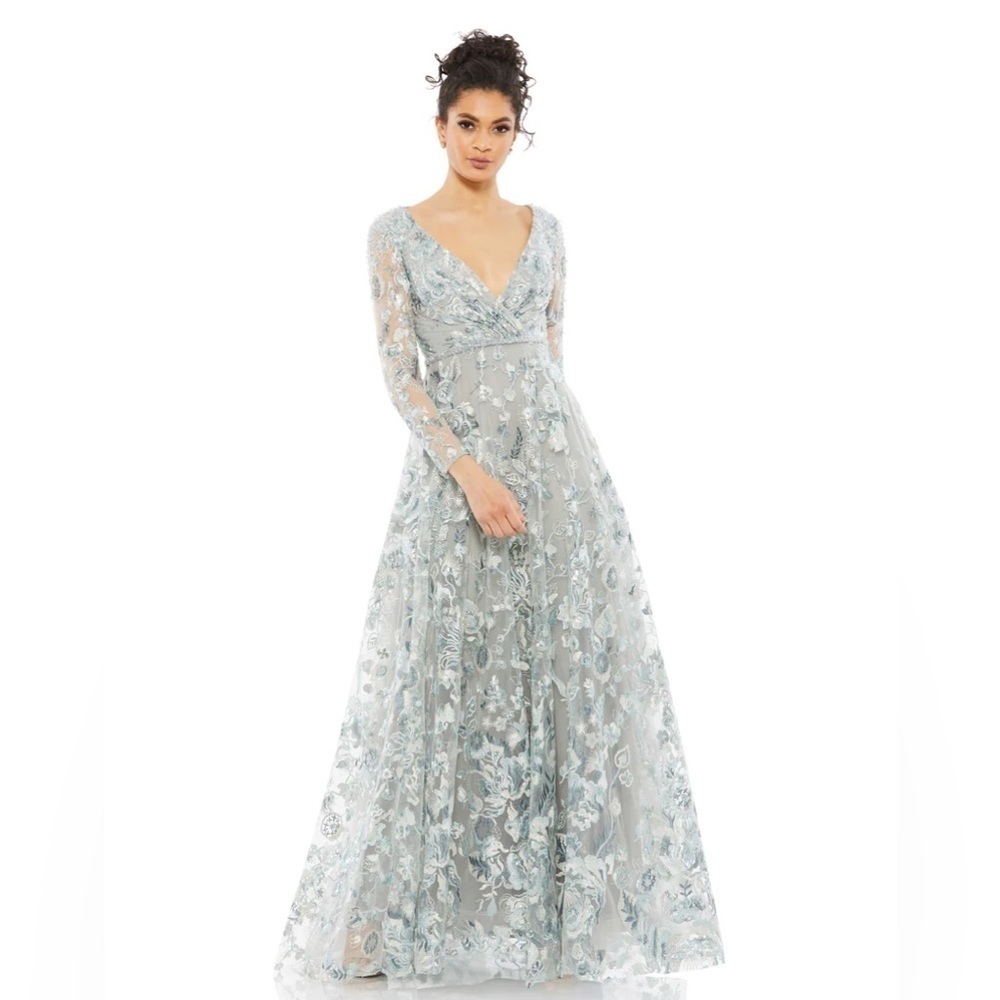 Mac Duggal 67869 NWT EMBELLISHED V NECK ILLUSION LONG SLEEVE A LINE GOWN